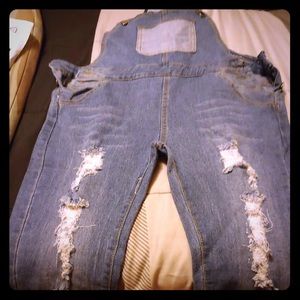 Denim Destructed Bib Overalls. Size S